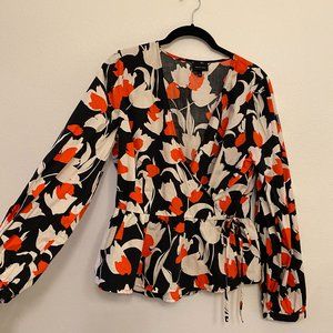 Who What Wear Black & Orange Floral Wrap Top